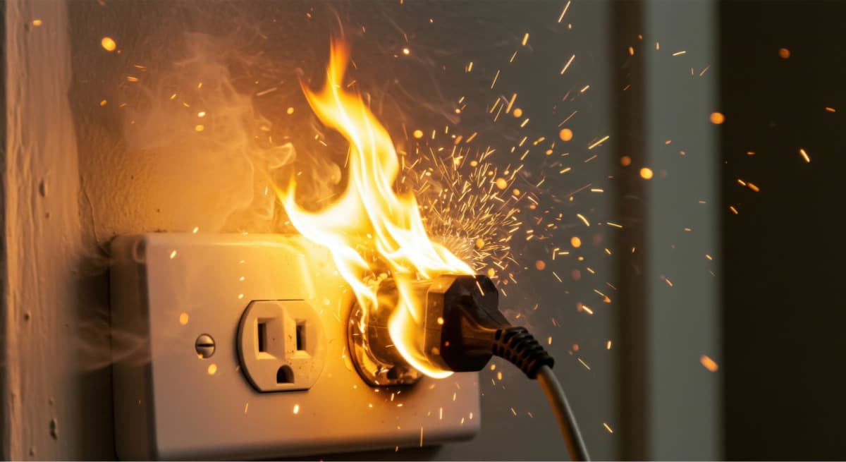electrical safety month awareness - plug in outlet catching on fire