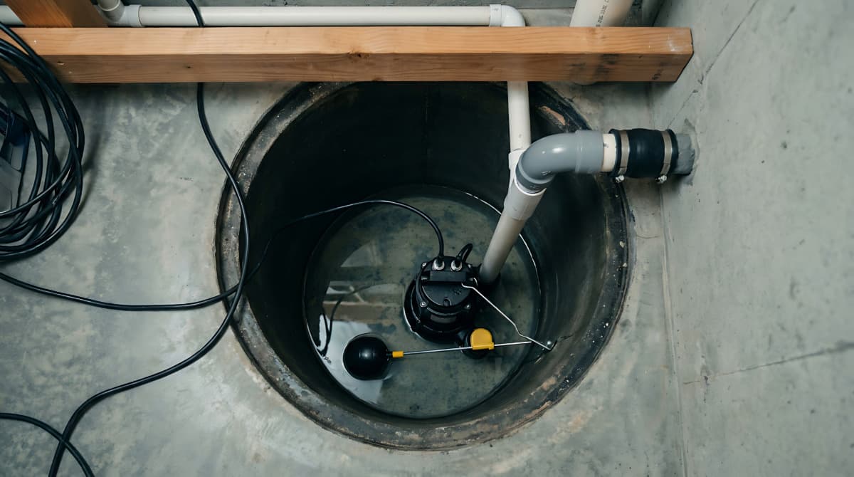 Sump pit with a submersible pump and float switch inside a circular concrete well, with PVC pipes and cables nearby.